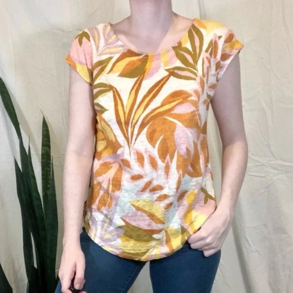 C&C CALIFORNIA | Linen Brown and Orange Cap Sleeve Relaxed Blouse
